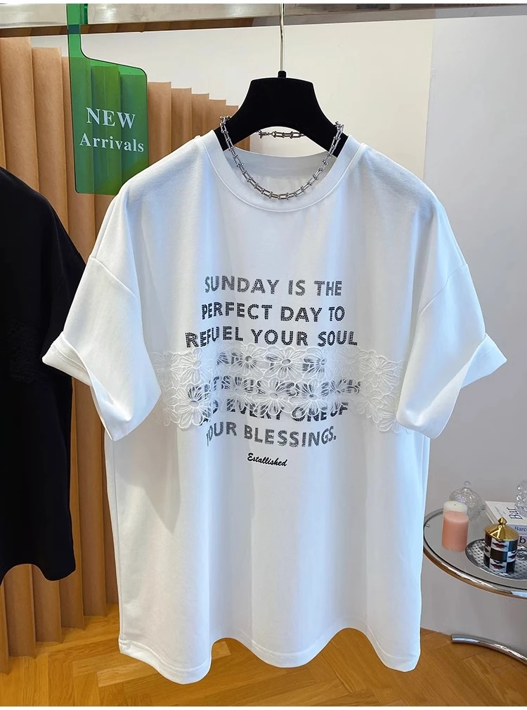 大码240斤甜美蕾丝拼接字母印花t恤女短袖2025新款宽松别致上衣夏