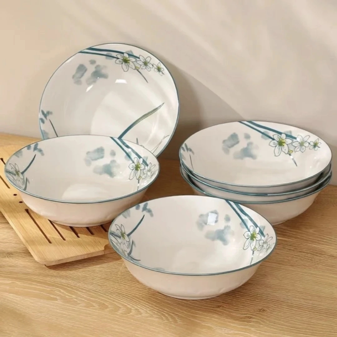 七英寸水仙花面碗6个釉下彩简约风 破损补发