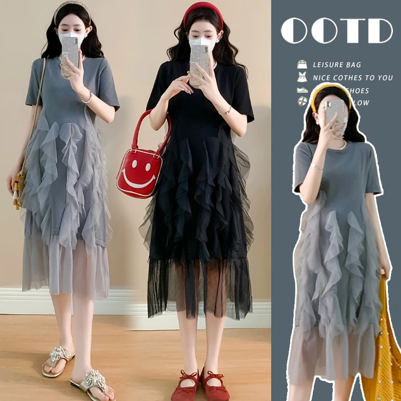 轻奢气质孕妇装女夏季爆款潮款设计感洋气网纱拼接高级孕妇连衣裙