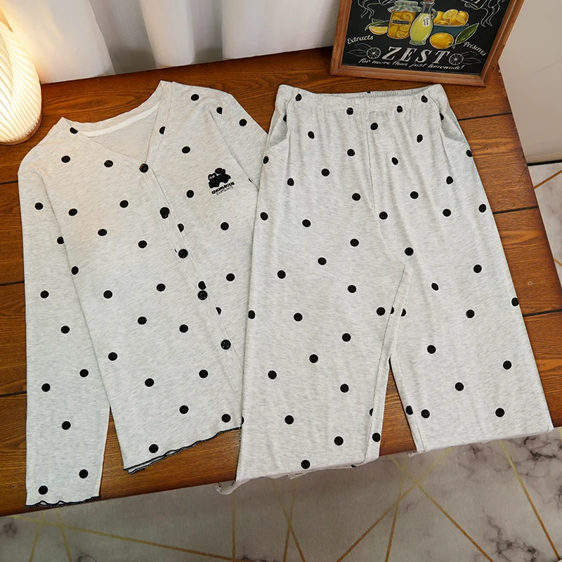 睡衣女春秋款灰色满印波点猫咪带胸垫长袖长裤家居服两件套-A600