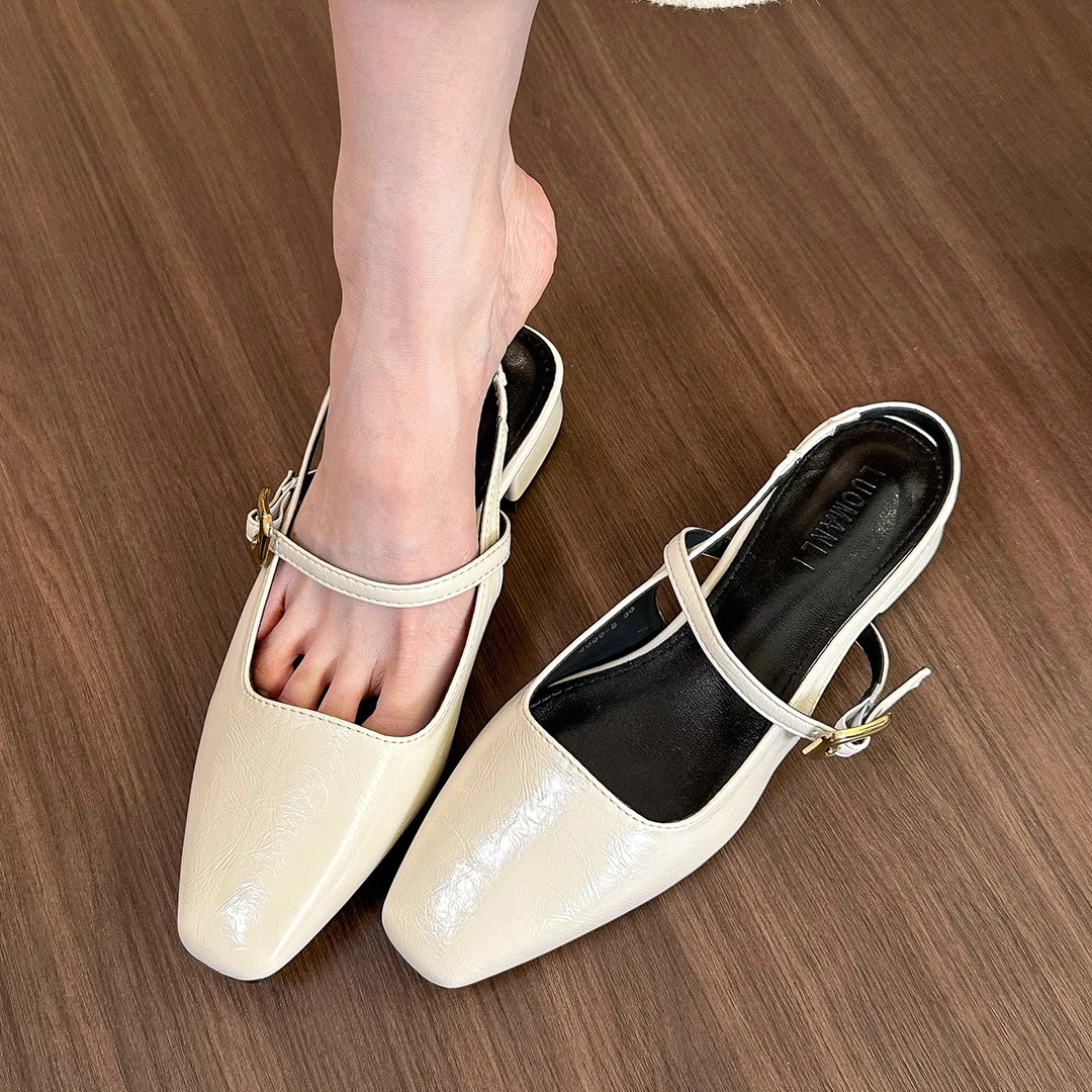 明星同款百搭米白色方头浅口凉鞋女春季2025包头后空玛丽珍粗跟鞋