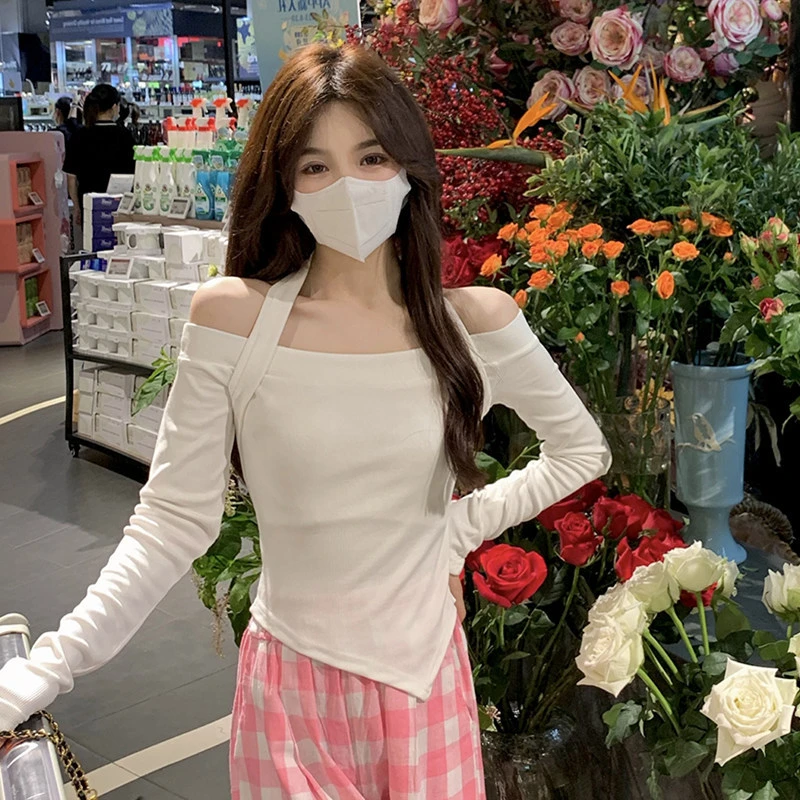 一字肩挂脖长袖T恤女2024早秋季新款辣妹内搭短款打底衫学生上衣