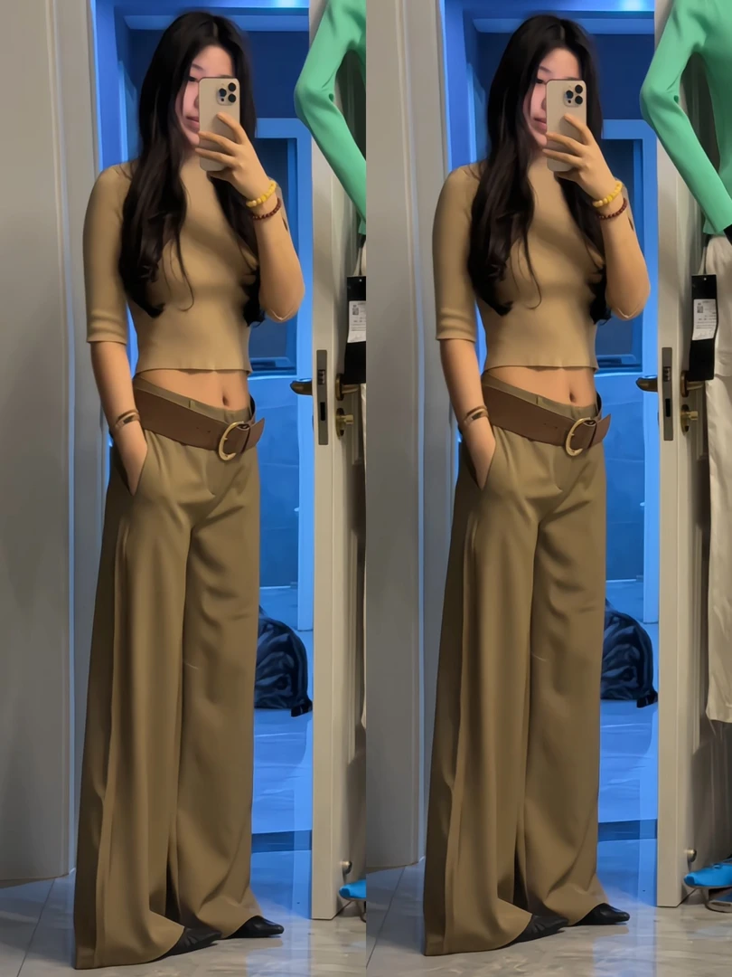 新款美式复古时尚高腰西装长裤女秋季直筒裤宽松显瘦阔腿拖地裤子