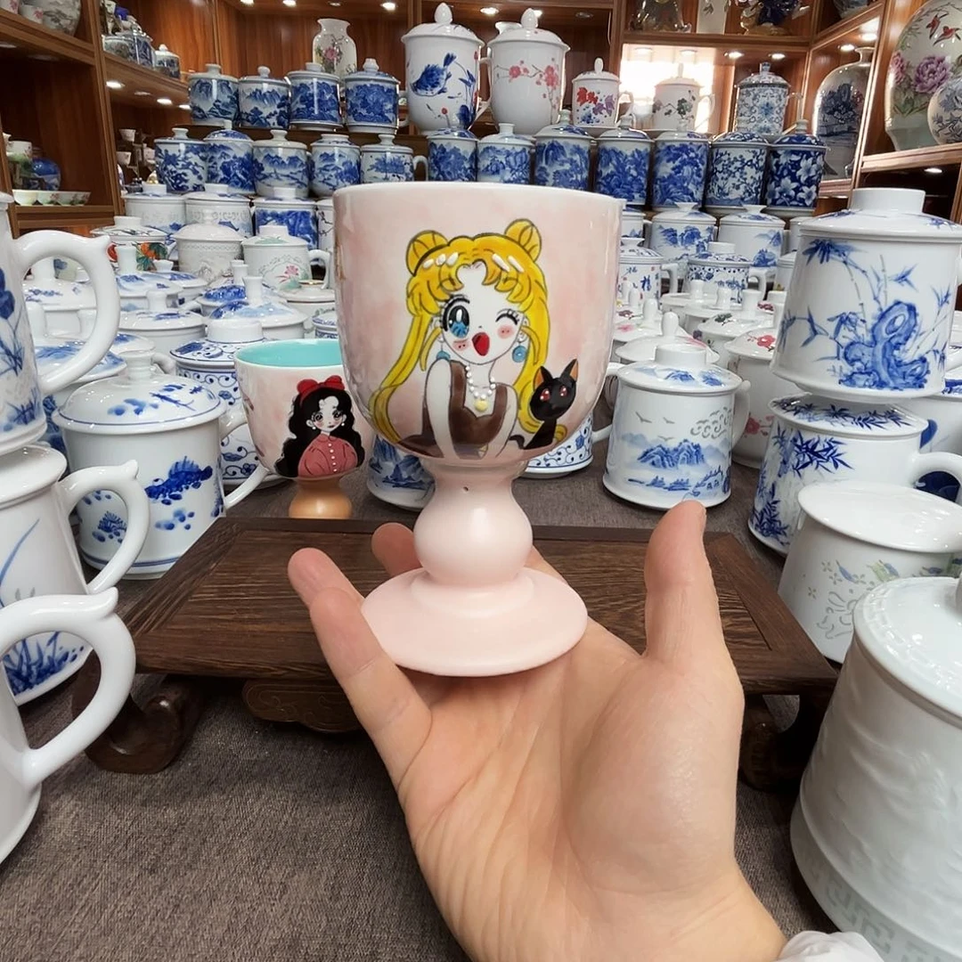 盖子款陶瓷手绘美少女杯