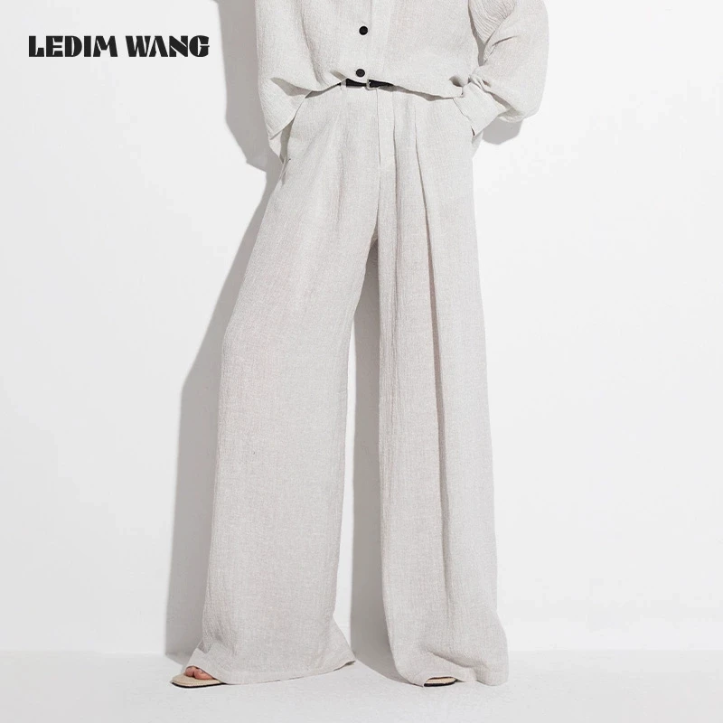 1LEDIM WANG亚麻老钱风休闲裤女2025夏季新纯色凉感宽松阔腿长裤