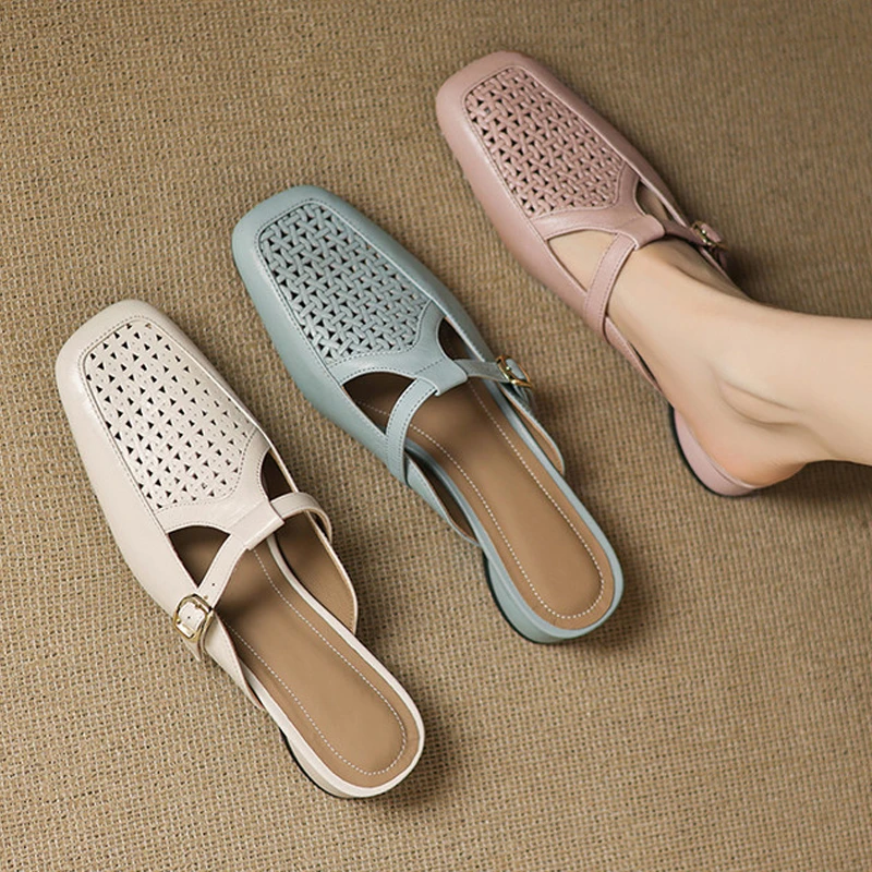 真皮半拖法式镂空方头包头拖鞋女鞋外穿丁字扣带轻奢百搭小众鞋子