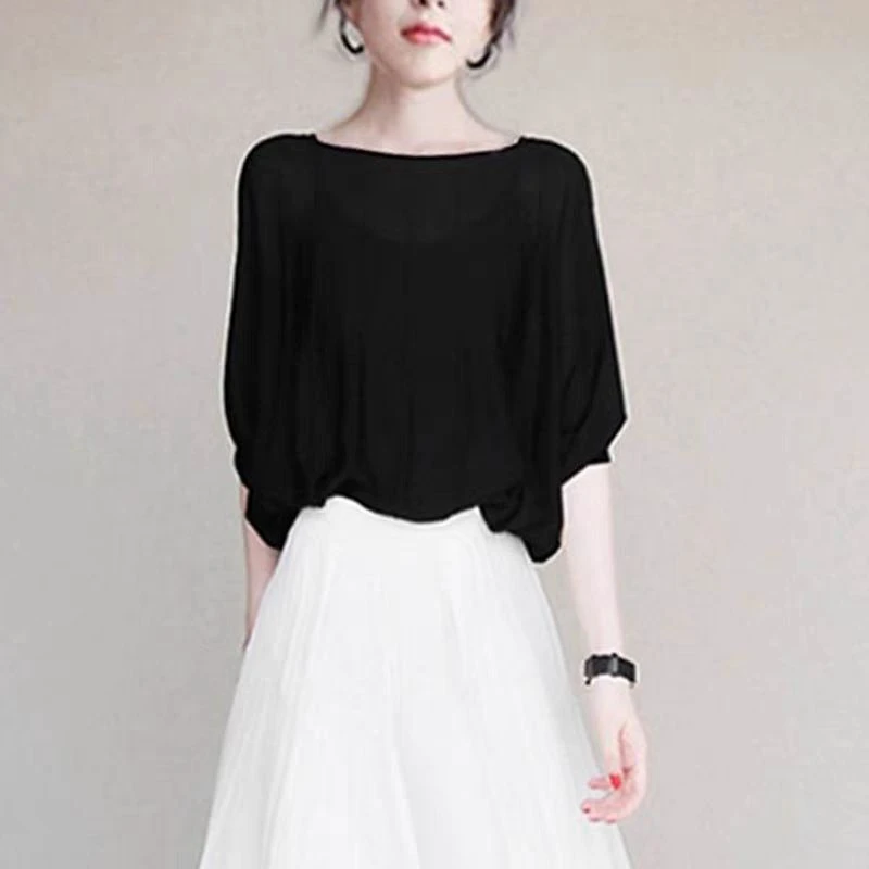 哥弟阿玛施官夏季新款时尚吧挨打一字领冰丝针织蝙蝠短袖上衣女