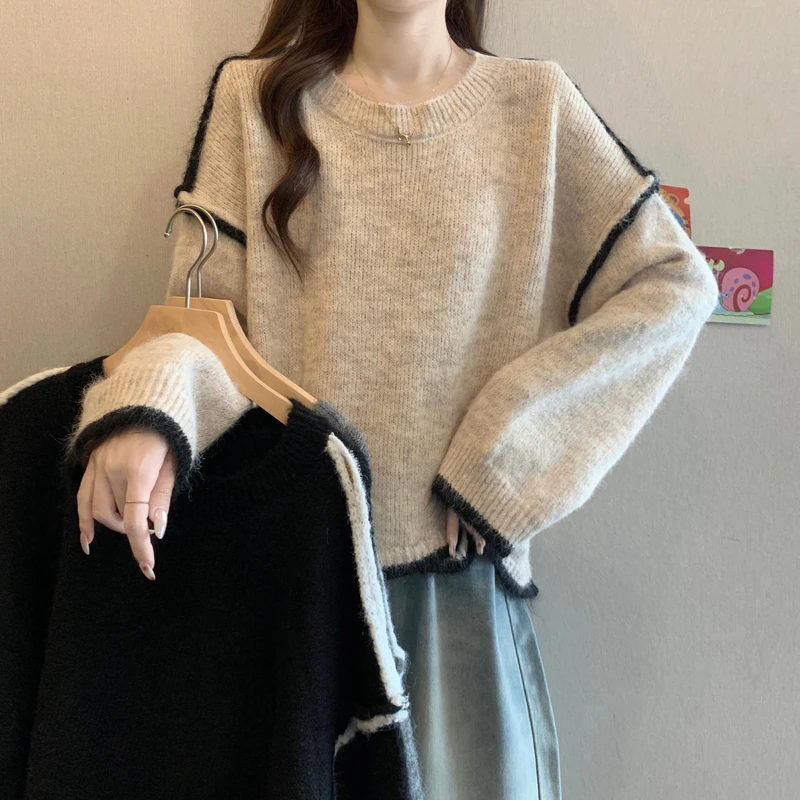 加厚宽松慵懒风撞色灰色长袖毛衣大码女装冬新款遮肉针织衫上衣