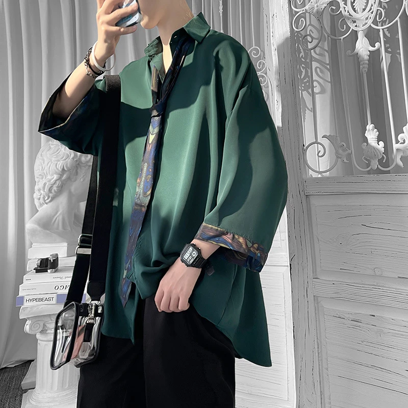 DK七分袖男痞帅短袖衬衫高级感墨绿色领带设计衬衣夏季JK小众制服