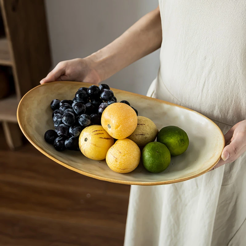 T 日式复古粗陶鱼盘家用船形盘高颜值菜盘水果盘点心盘网红轻奢