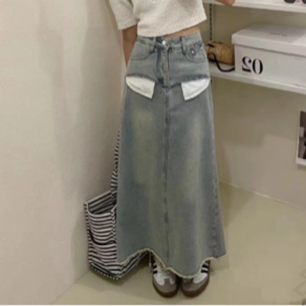 春夏港风复古大口袋毛边做旧水洗牛仔半身裙1128