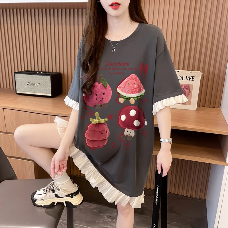 设计感蕾丝拼接短袖T恤裙女夏季纯棉时尚韩版大码休闲半袖连衣裙