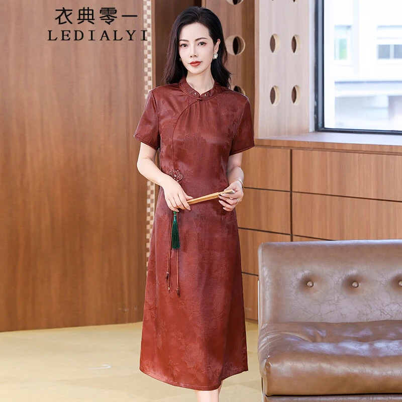 改良旗袍刺绣香云纱连衣裙女2025夏季新款时尚气质高端桑蚕丝裙子