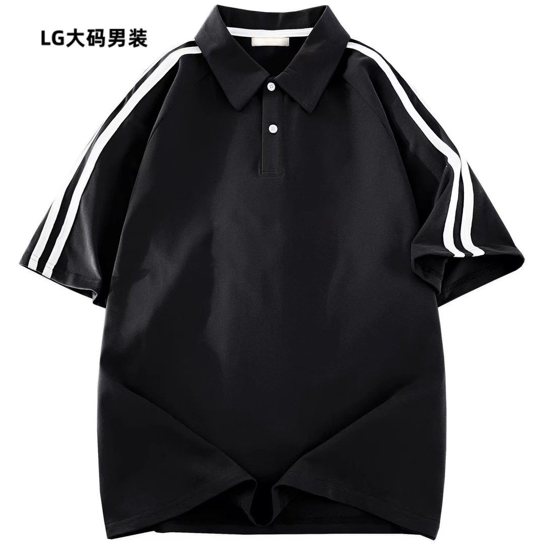 潮牌polo领三条杠T恤男士夏季百搭休闲上衣宽松潮流日系大码T恤