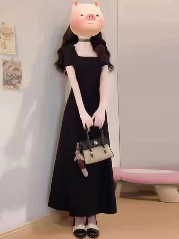 （现货）大码微胖韩系方领气质连衣裙女夏季胖mm显瘦短袖小黑裙1864