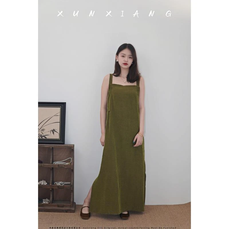 浔象丝绸『秋香绿』宽肩带吊带连衣裙