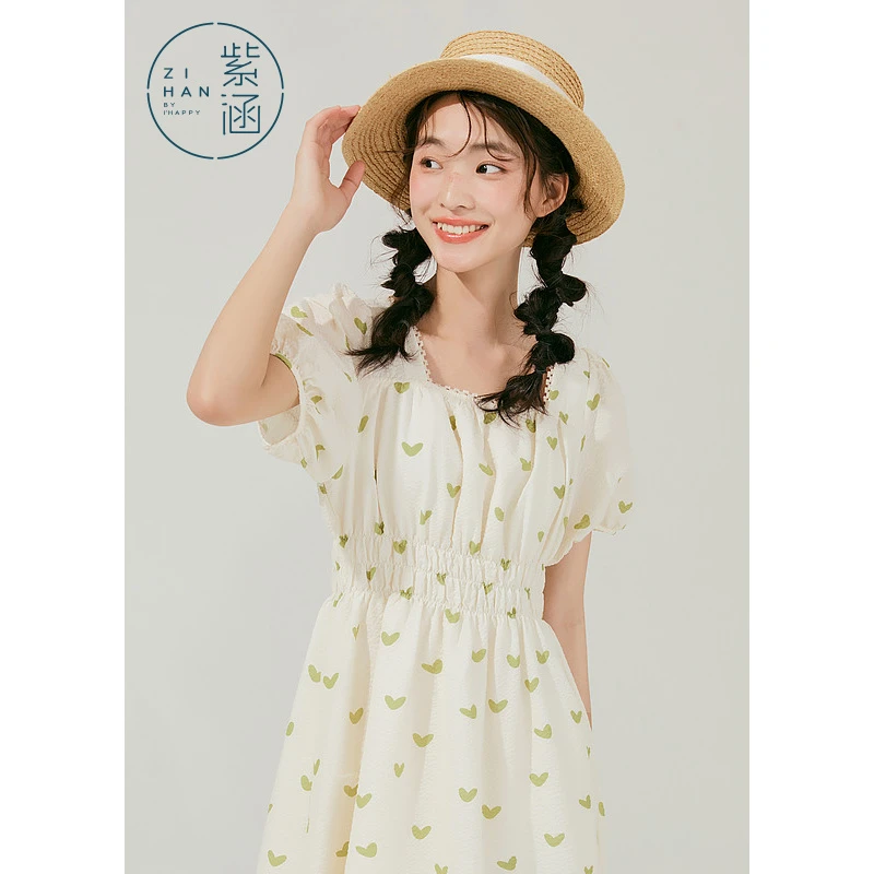 紫涵方领连衣裙泡泡袖花边长裙夏款Z3Z04AS230