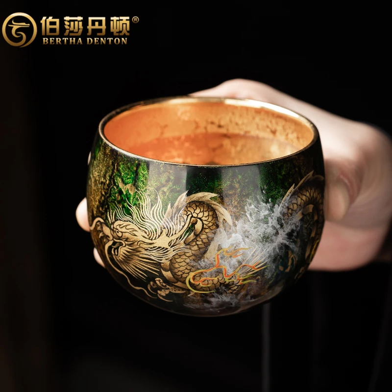 BERTHA DENTON/伯莎丹顿王顺大师手工黄金盏大漆盏龙凤杯高档礼品