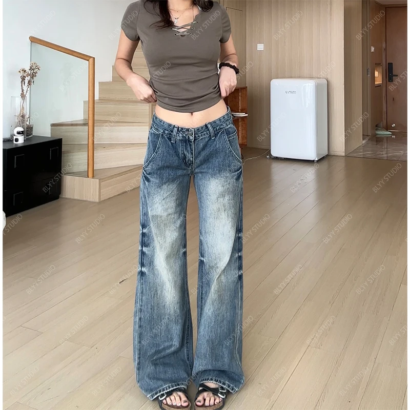 【部分现】2025夏季新款水洗做旧低腰显瘦微喇复古牛仔裤女Q254147