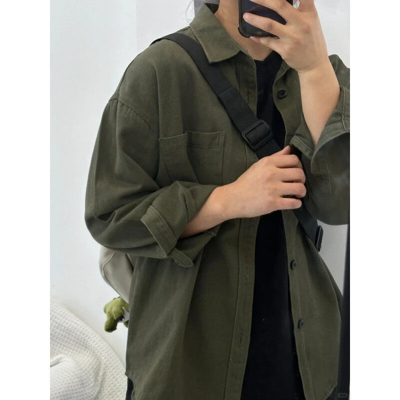 军绿色纯棉衬衫男款春秋季日系休闲cityboy长袖衬衣潮牌工装外套