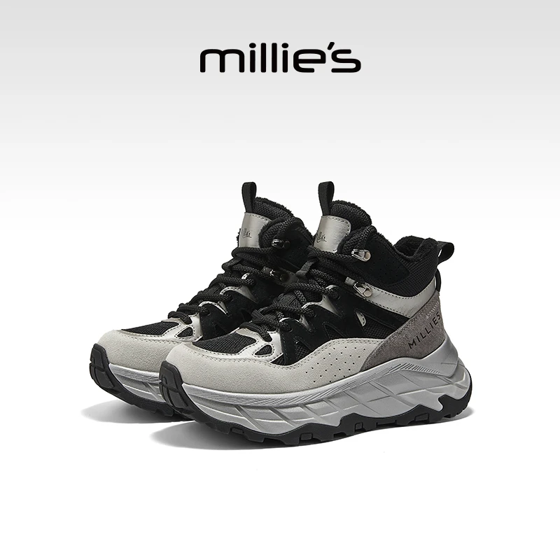 妙丽厚底运动老爹鞋女2025冬季新款加绒棉鞋小个子增高登山休闲鞋