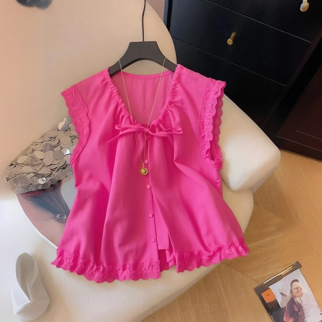 韩系树莓粉甜美减龄蕾丝拼接V领系带衬衫女夏季洋气独特漂亮小衫