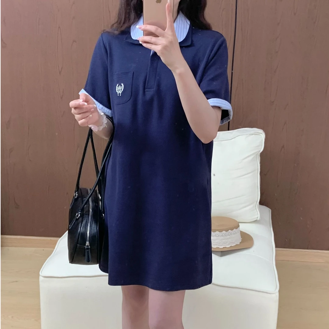 one two韩系夏季休闲POLO领套头连衣裙假两件纯色经典A字裙