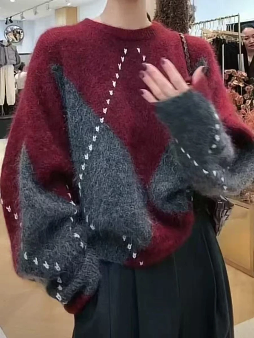 高级感气质撞色慵懒风奶fufu套头毛衣