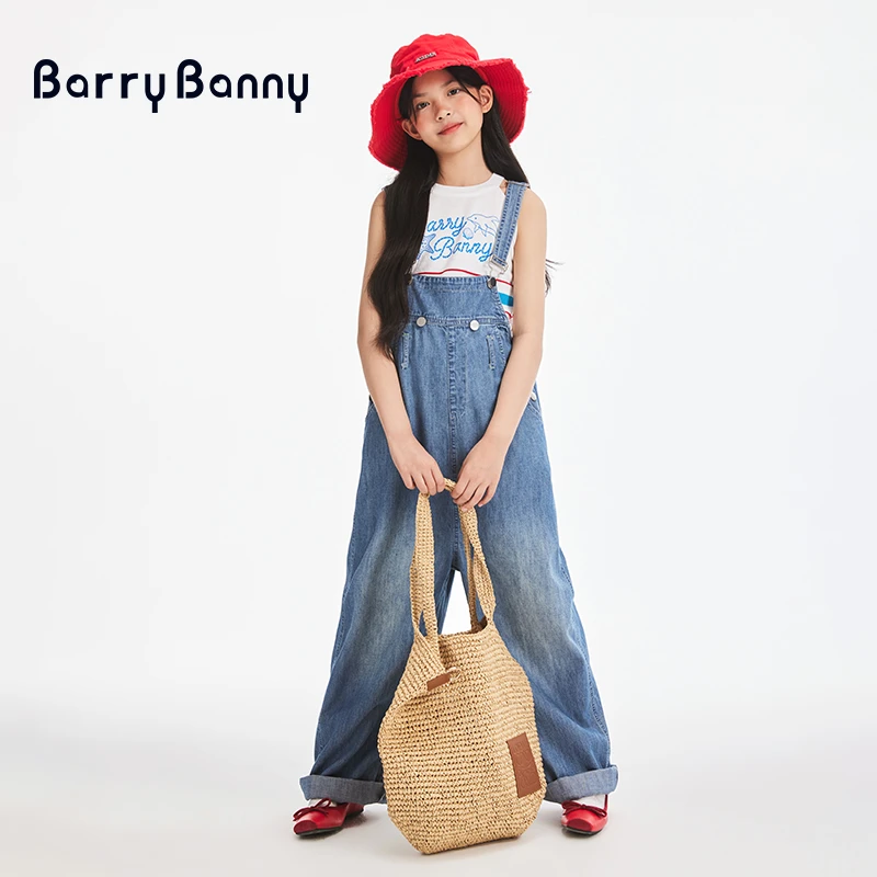 BarryBanny女童背带裤2025夏季新款直筒设计感牛仔背带长裤休闲裤
