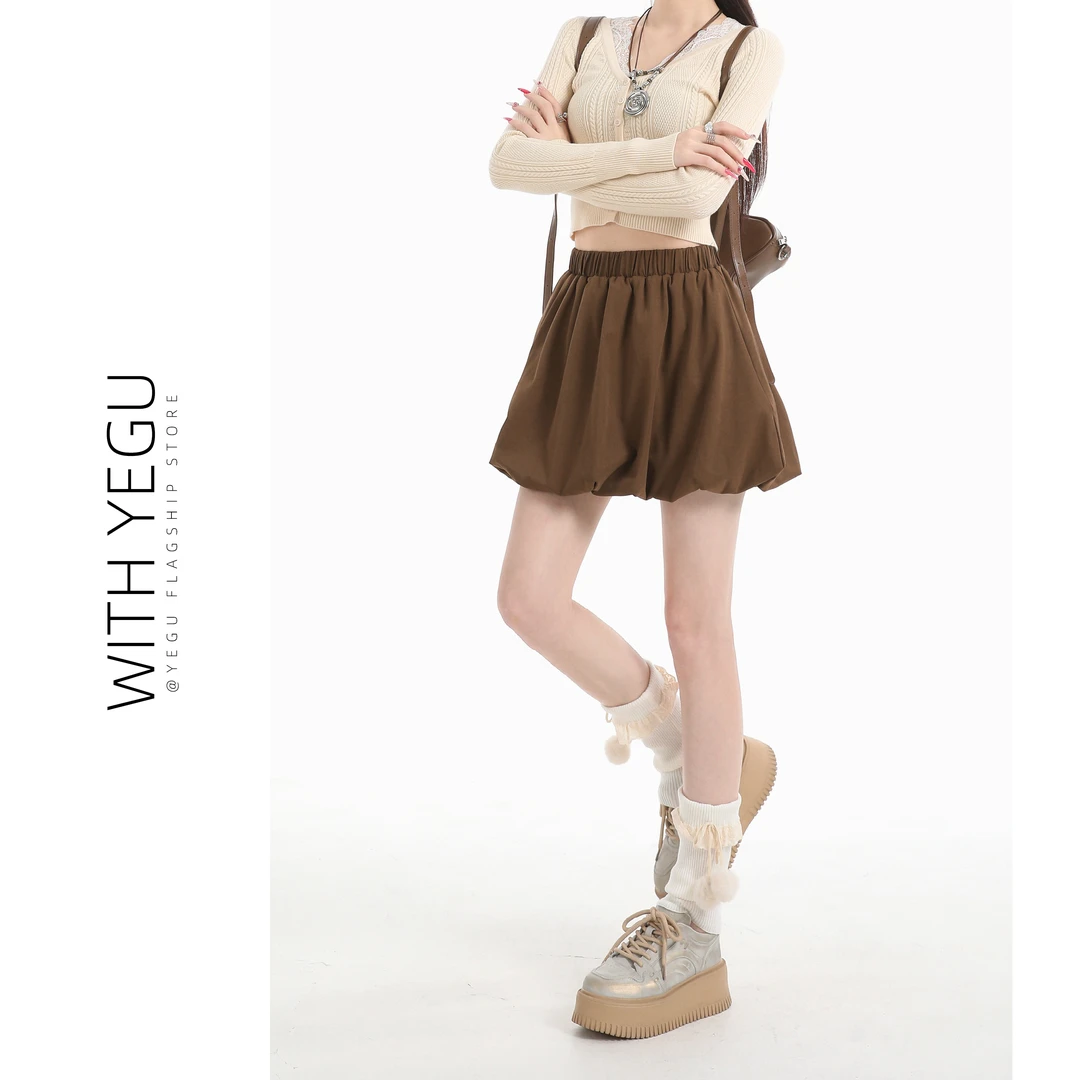 复古咖色花苞半身裙女春夏秋季高腰显瘦a字灯笼裙小个子蓬蓬短裙