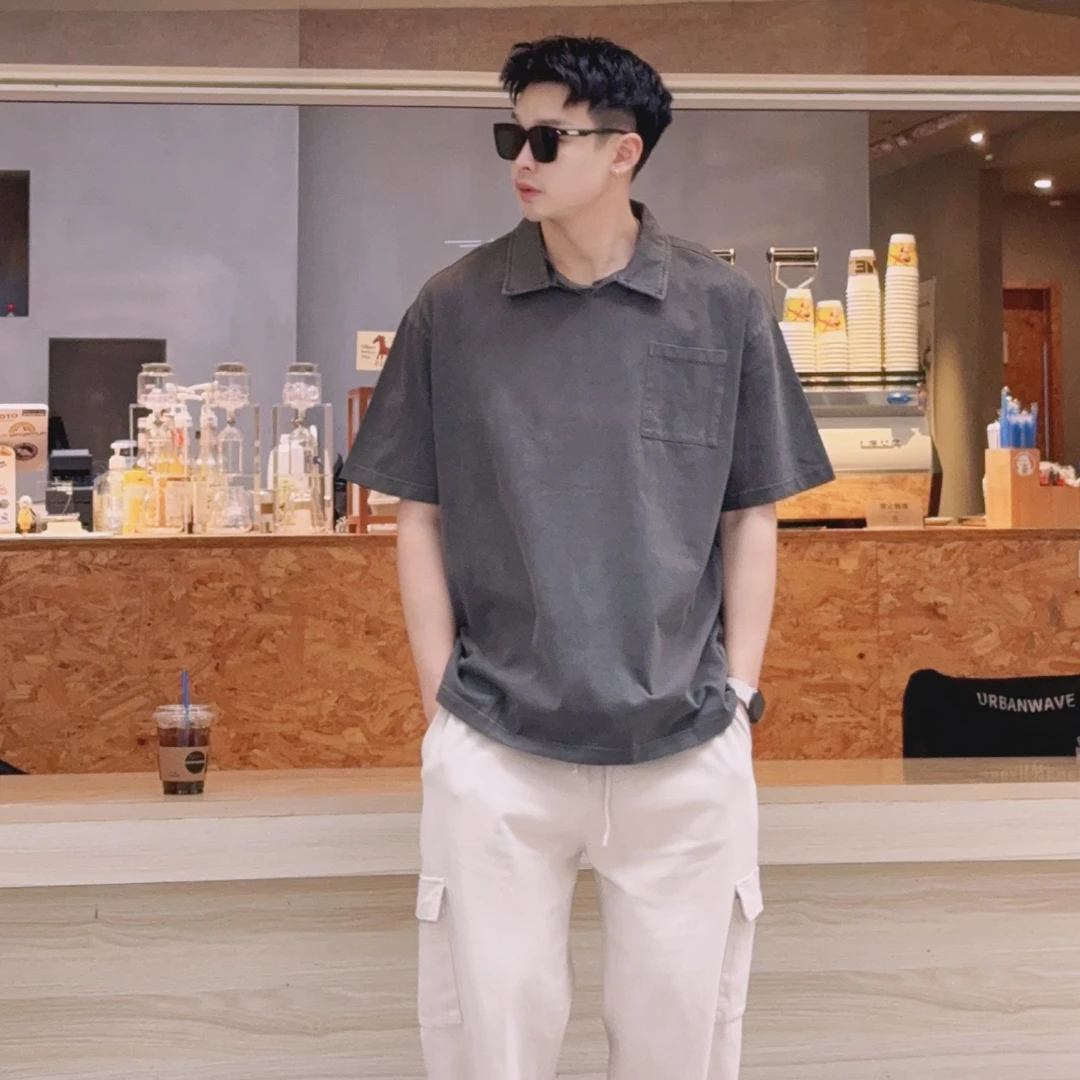 【那空】美式夏款复古翻领磨毛宽松莫兰迪色系polo领短袖