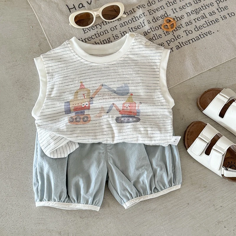 儿童套装2025夏季新款韩版通条纹背心宝宝飞机短裤两件套潮