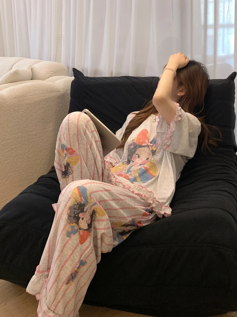 【甜美风女孩】韩版甜美木耳边短袖睡衣女夏季套装宽松大码家居服