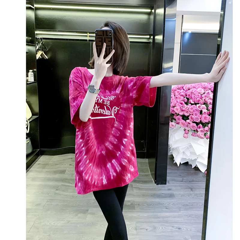 玫红色短袖t恤女夏季宽松2025新款独特设计感小众潮牌圆领上衣