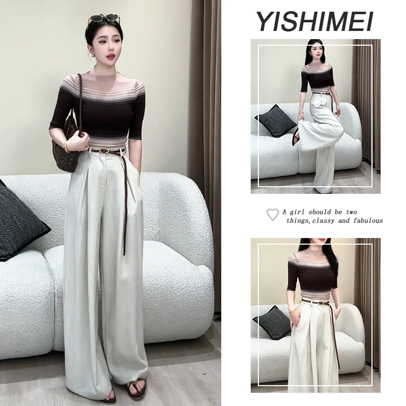 早秋时尚穿搭2025年新款百搭一字肩修身半袖上衣高腰休闲裤两件套