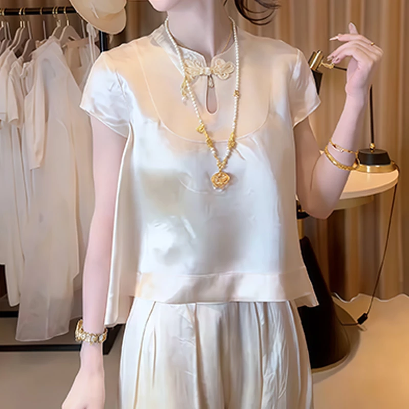 千金风中式短袖t恤女2025年夏季新款气质女神范外穿百搭立领上衣