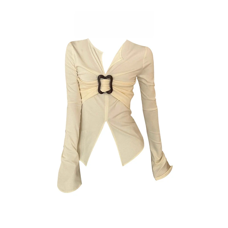 现~美式辣妹V领正肩针织衫女早秋别致修身显瘦喇叭袖设计感上衣