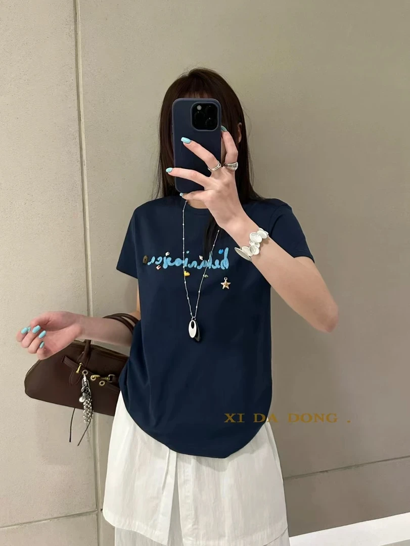 2025新款别致立体装饰字母刺绣手工贝壳雪花棉短袖