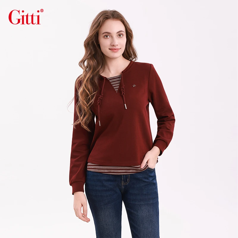 Gitti/吉蒂条纹拼接假两件上衣大码显瘦套头卫衣女G255544