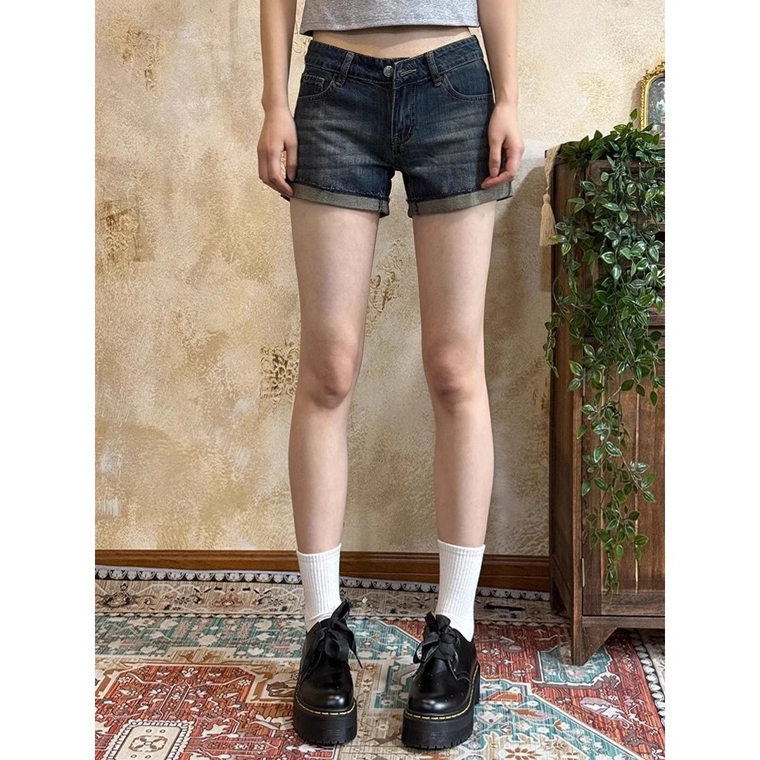 VintageTang美式复古做旧低腰翻边牛仔短裤女骁呐K13