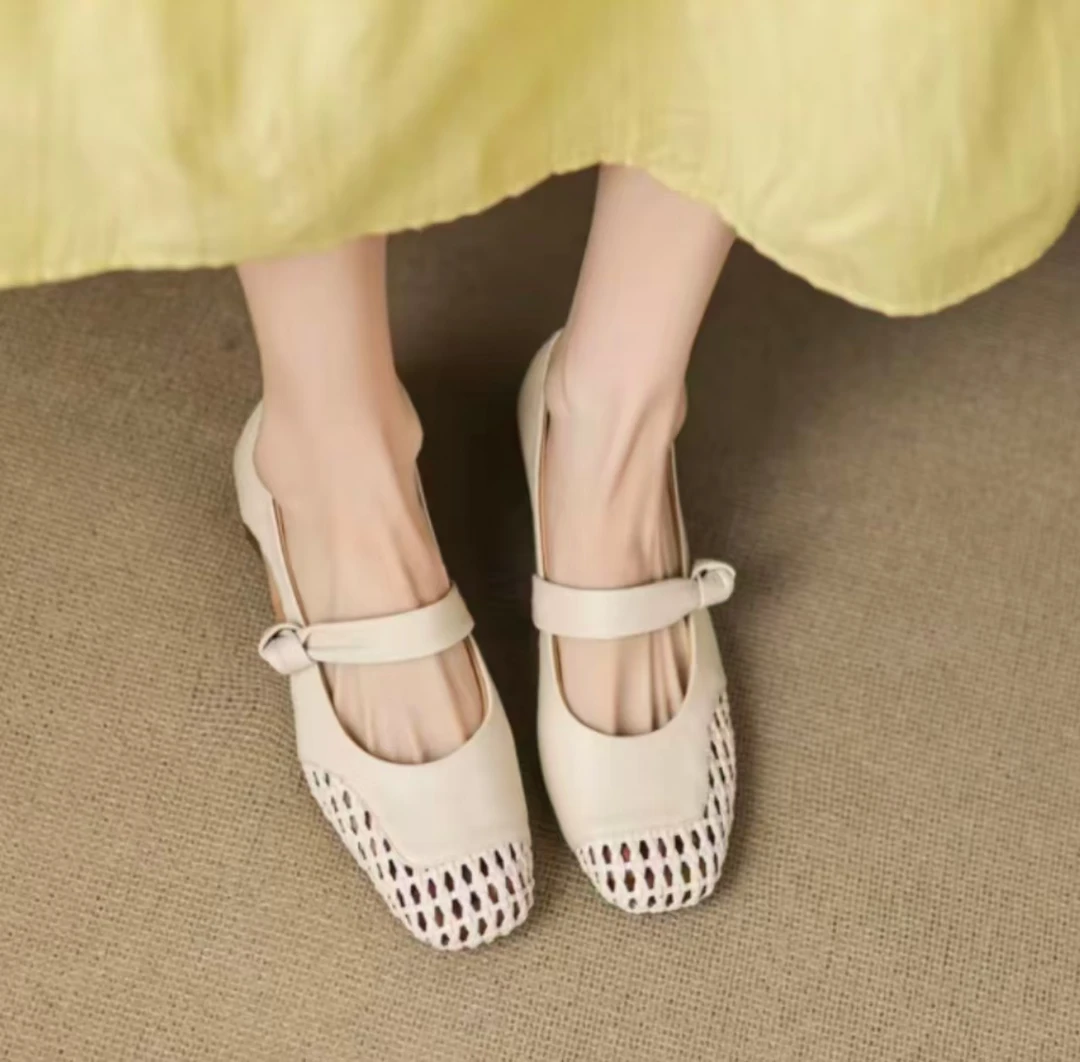【朵苮品牌】2025羊薄款低跟夏季镂空防滑公主风单鞋松紧带纯色6915