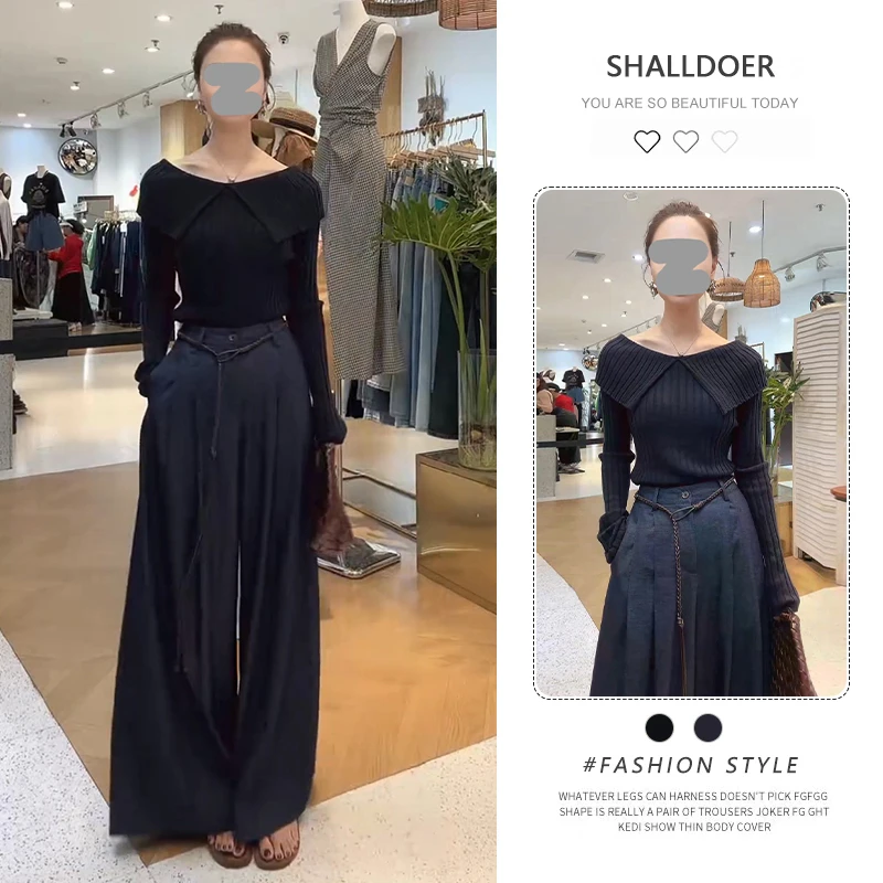 今年流行时尚套装女2025春秋新款翻领长袖针织衫显瘦阔腿裤两件套