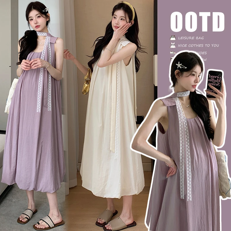 孕妈穿搭~孕妇装夏季2025新款法式无袖连衣裙高级感度假沙滩裙子