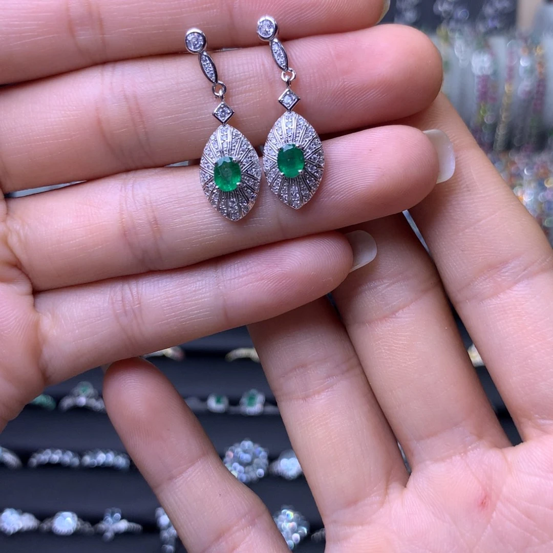 祖母绿耳饰银S925镶嵌耳环