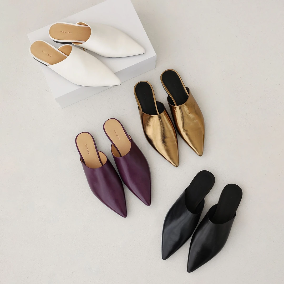 INS风尖头马皮平跟显瘦穆勒拖鞋简约包头拖鞋单鞋