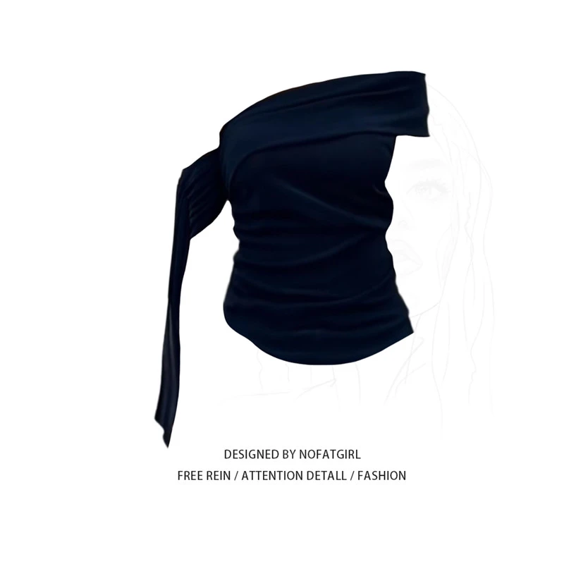 大码胖MM甜辣妹一字肩飘带短袖T恤女夏季褶皱修身设计感显瘦上衣