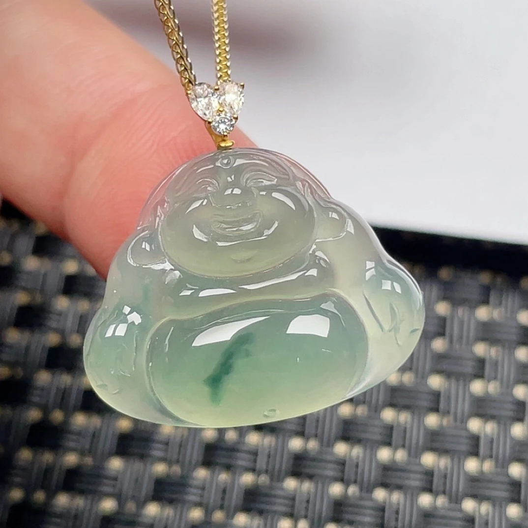 缅甸天然翡翠A货冰飘花佛公吊坠尺寸20.6-25-5.2