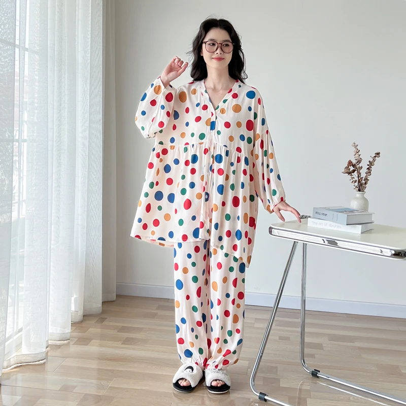 V领开衫棉绸大码睡衣女春夏薄款加肥胖mm200斤甜美宽松家居服套装