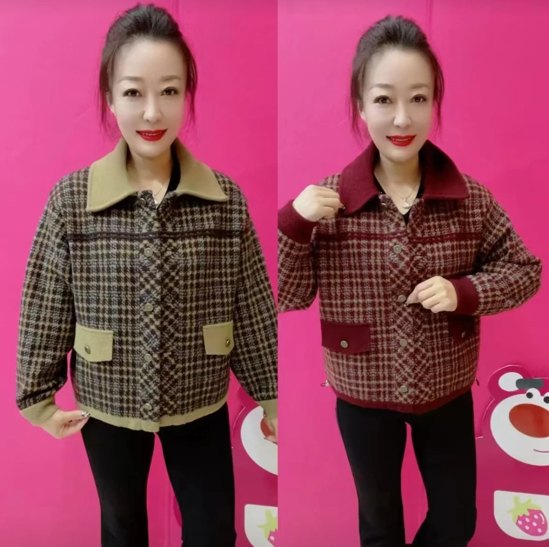 《专柜品质》秋冬气质洋气时尚亮线底边收腰格子中老年妈妈装外套Z