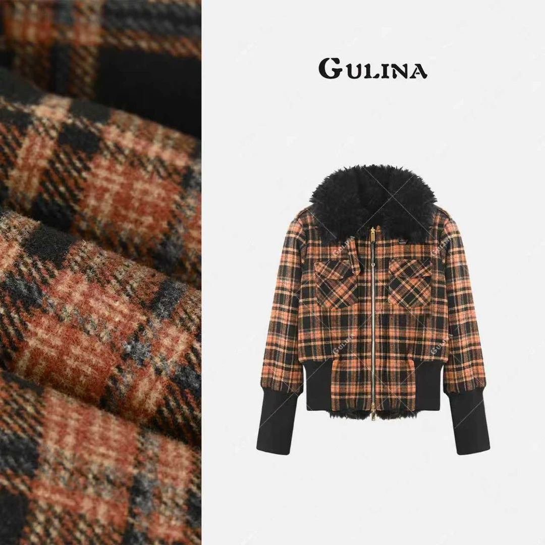 GULINA/娜姐夏欧洲站设计师百搭拼接毛领倆面穿长袖外套68279